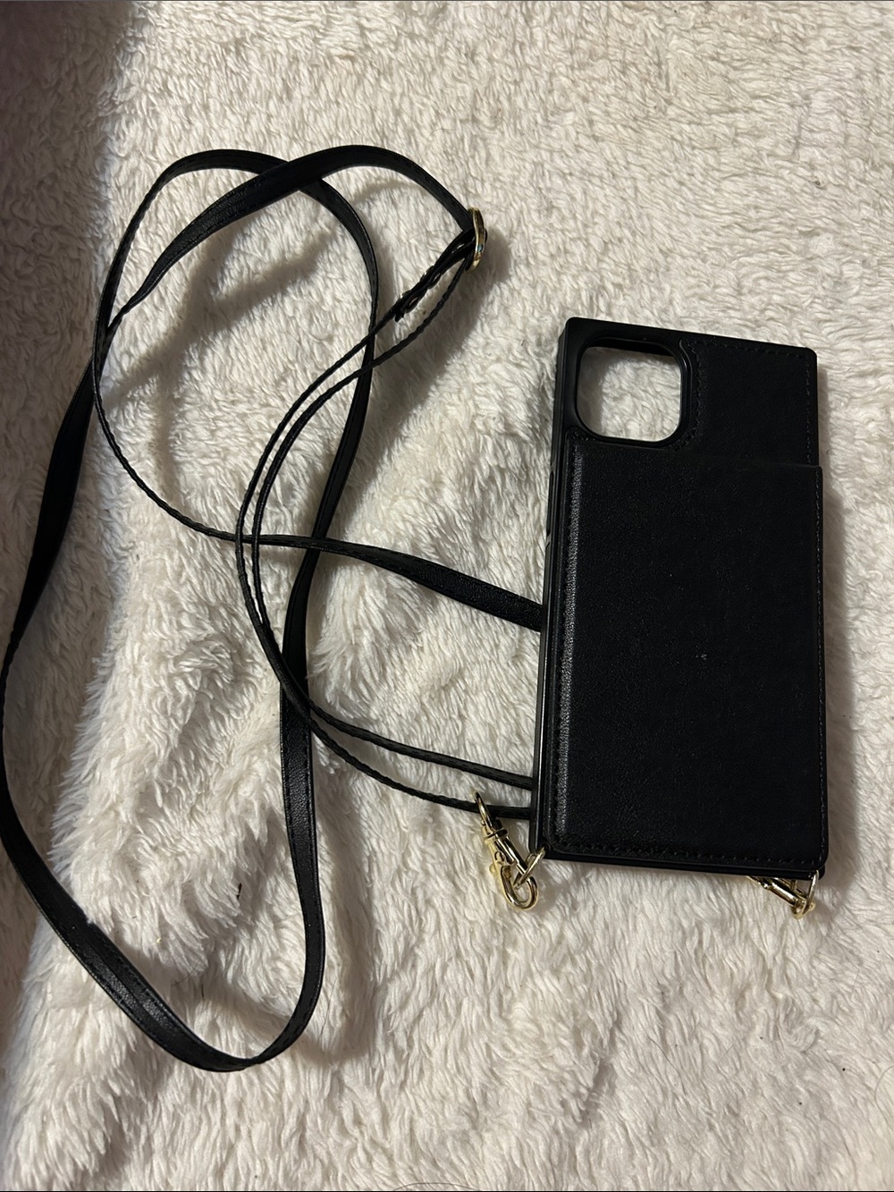 Others Follow Black Leather Crossbody Phone Case with Gold Hardware
